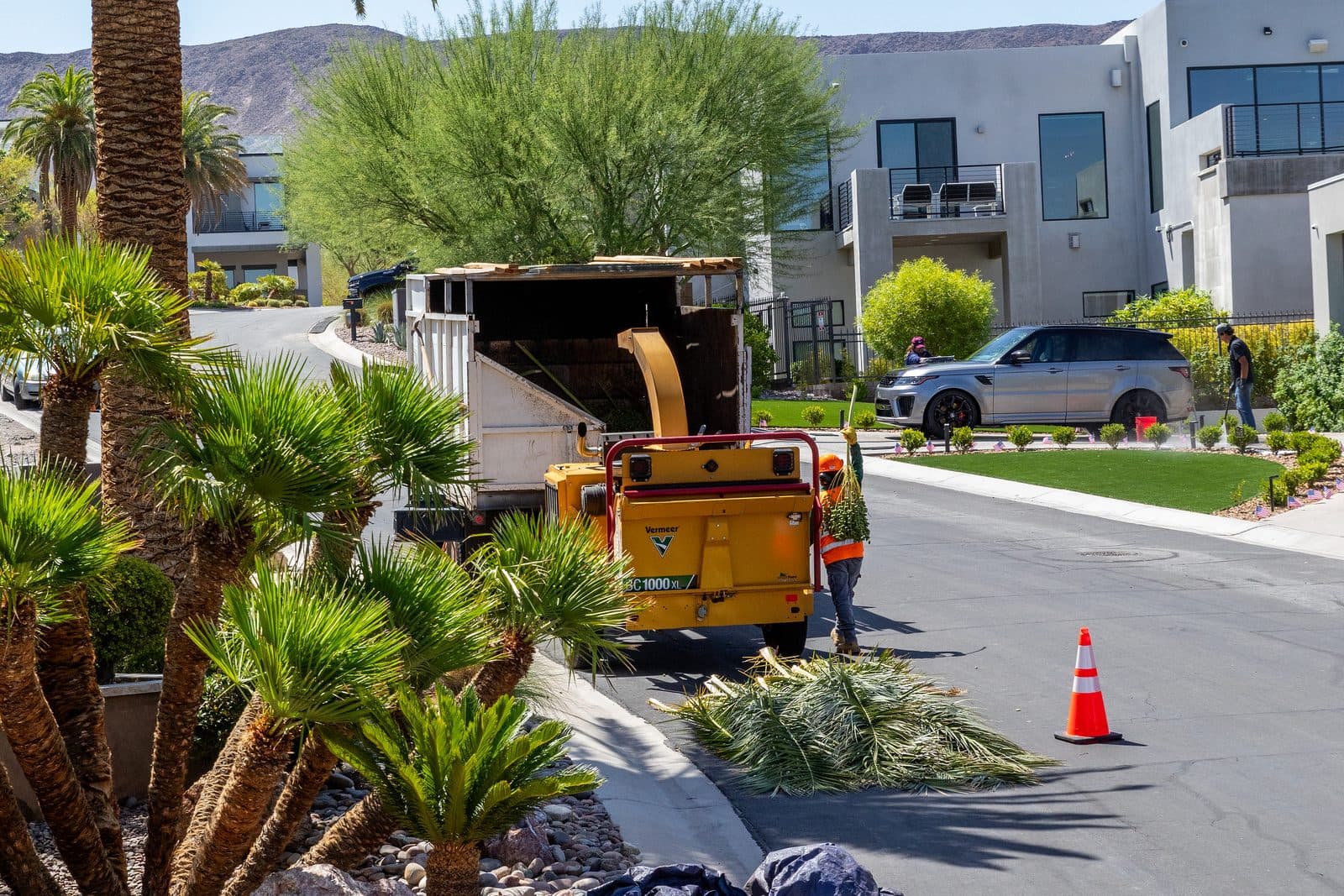Benjamin's Tree Service crew and chipper truck finishing a job at a Las Vegas home